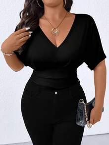 SHEIN Clasi Plus Size Women Casual Solid Color Batwing Sleeve Bodysuit - Black - View 4