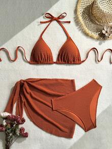 Swim Vcay Set de bikini de 3 piezas talla grande con top halter color caramelo y cubierta de malla con diseño calado sexy - Marrón - Ver 2