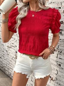 SHEIN Holidaya Casual Vacation Spring/Summer Basic Round Neck Keyhole Button Design Puff Sleeve Shoulder Line Sleeve Cuff Ruffle Pleated Workmanship Sweet Commuting Spring Style Women Blouse - Red - View 4