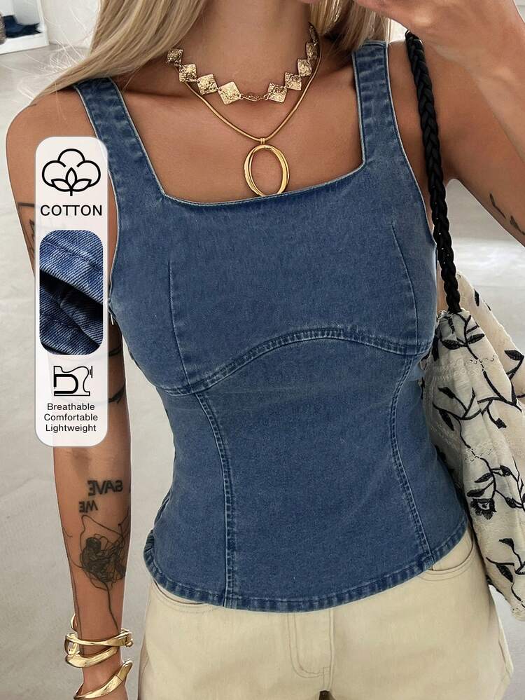 Women's Summer Square Neck Strap Denim Crop Top, Backless With Bow Decor, Casual Denim Camisole