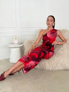 Lavishia Red Abstract Print Sleeveless Bodycon Midi Dress, Suitable For Summer - Red - View 6