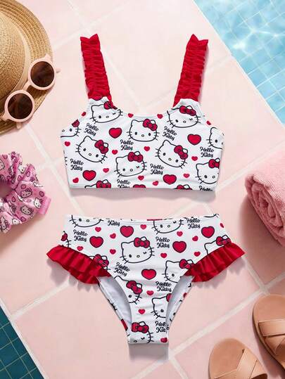 HELLO KITTY AND FRIENDS | SHEIN Tween Girl Summer Vacation Cartoon Cat Print Frill Trim Bikini Swimwear