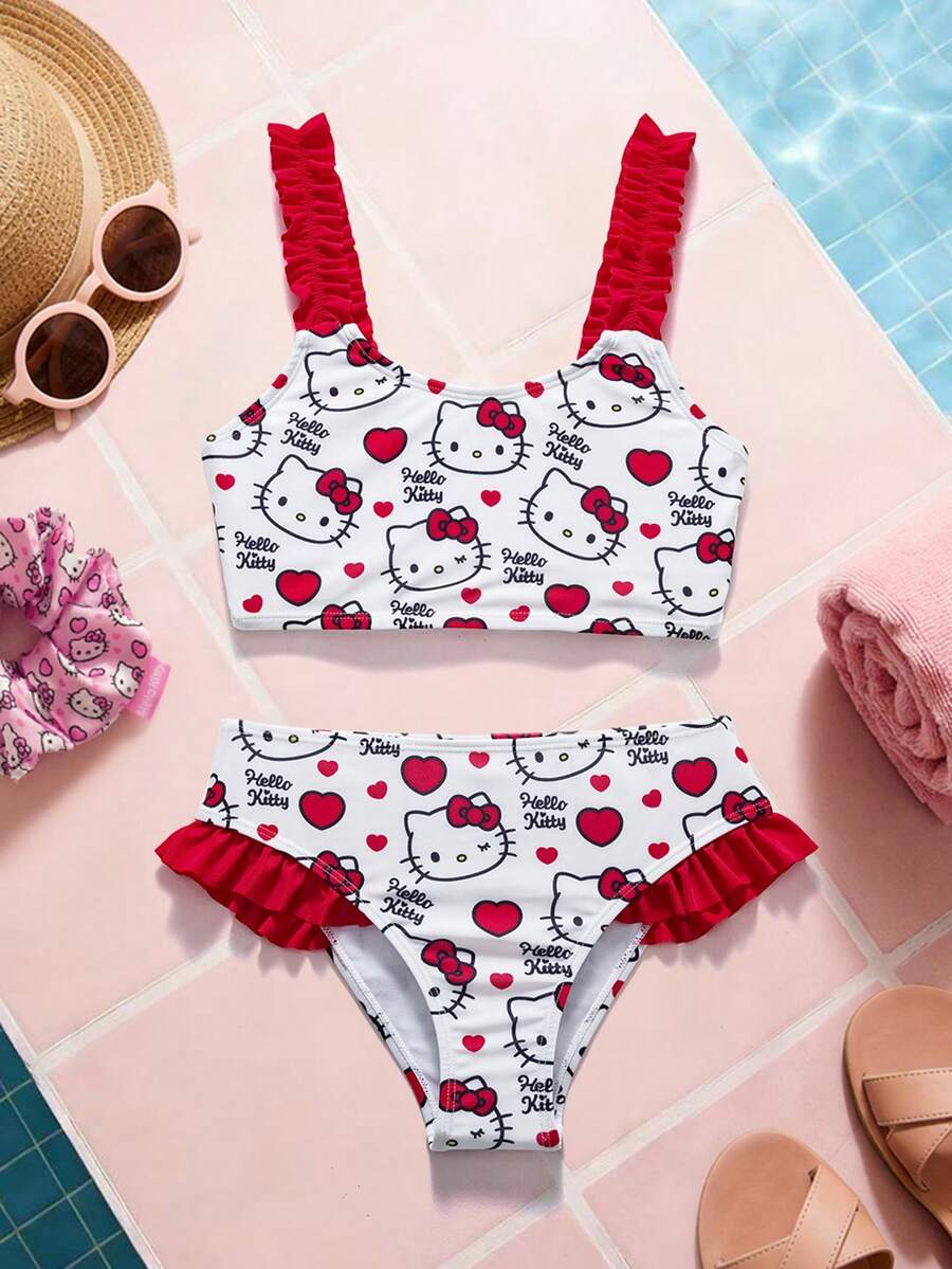 HELLO KITTY AND FRIENDS | SHEIN 少女暑假卡通猫印花荷叶边比基尼泳装 - 紅色 - 查看 1