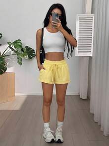 SHEIN EZwear 女士休闲抽绳腰侧口袋黄色短裤，适合日常通勤和夏季穿着 - 黃色 - 查看 5
