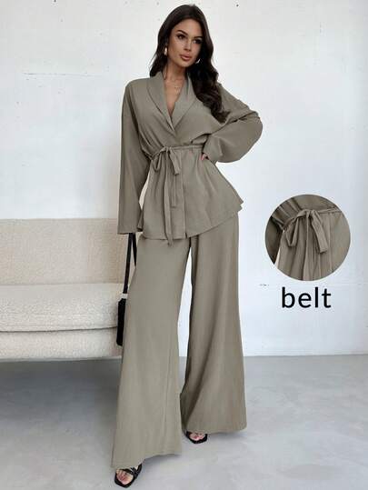 Firerie Women Elegant Casual Vacation Commute Office Printed Lapel Waist Tie Loose Shacket And High Waist Relaxed Pants, Suitable For Autumn And Summer  Beach Vacation Tropical Resort Wear Soft Lounge Set Summer Holiday