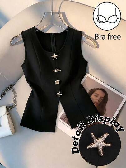 GlowEve Women's Metal Starfish Decor Fashion Crew Neck Camisole Black Vest Women ,Sleeveless Tops For Women Business, Tops For Women Elegant ,Vest With Embellishments 3 Day Delivery Dress Top Women's Suits Vest Black Top Women