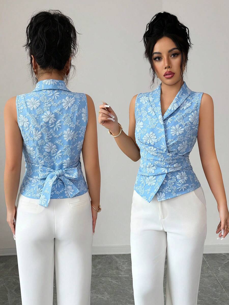 Elenzga 女士轻薄无袖裹身衬衫，提花面料，优雅休闲，适合夏季外出、约会、新年、情人节、复活节、母亲节、音乐节、中东婚礼、通勤、浪漫假期等场合，浅蓝色 - 淺藍色 - 查看 1