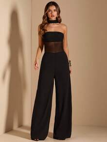 SHEIN BAE Women's Black Halter Waist Semi-Sheer Wide Leg Jumpsuit, Black Jumpsuit, Elegant Jumpsuit, Minimalist Travel Jumpsuit, Spring/Summer - Black - View 1