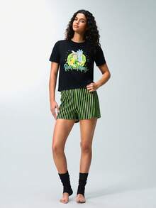 Rick and Morty X SHEIN Women's Round Neck Short Sleeve T-Shirt And Striped Shorts Pajama Set, - Black - View 1