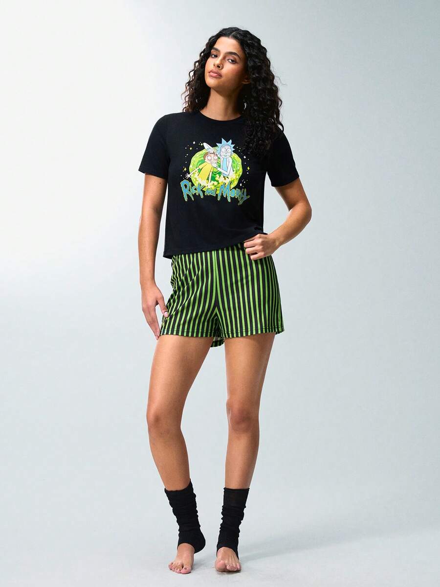 Rick and Morty X SHEIN Women's Round Neck Short Sleeve T-Shirt And Striped Shorts Pajama Set, - Black - View 1