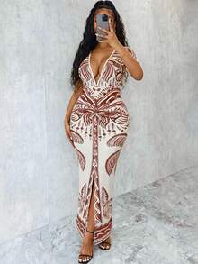 Eryvara 新款时尚印花V领褶皱修身连衣裙 - 彩色 - 查看 3