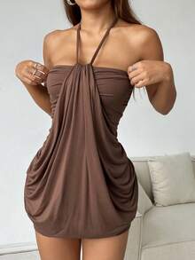 SHEIN EZwear Pendant Feeling Off Shoulder Bodycon Halter Dress - Brown - View 5