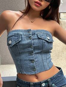 DAZY 纯色纽扣前开襟露脐牛仔抹胸上衣，适合节日穿着 - 中等水洗藍 - 查看 8