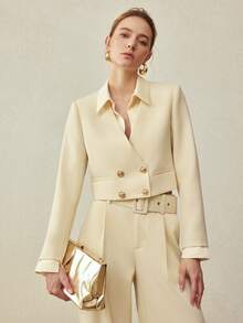 MOTF PREMIUM 短款双排扣大衣，春夏款 - 杏色 - 查看 2