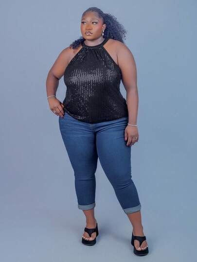 CurvyTilda 女士加大尺碼優雅對比色亮片鑲嵌鎖骨後空心上衣