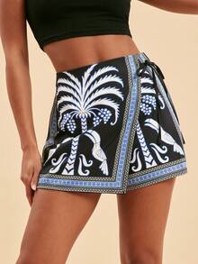 Travachic Váy quần nữ mùa hè, kiểu dáng thường ngày, họa tiết nhiệt đới, buộc dây, thích hợp cho kỳ nghỉ biển. - Nhiều màu - Xem 5