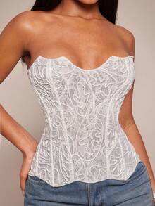 Radiana Women's Sexy Elegant Unique White Lace Embroidered Bustier, Fitted Bandeau Top - White - View 4