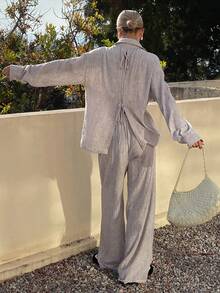 Livesso Women's Striped Tie-Front Backless Blouse And Casual Pants 2 Pieces Set, Suitable For Holiday, Spring And Summer - Coffee Brown - View 6