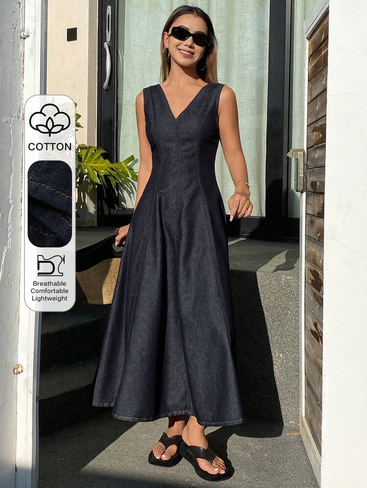 Women's V-Neck Sleeveless Waist Cinched Split Design Casual Long Denim Dress Maxi Dress