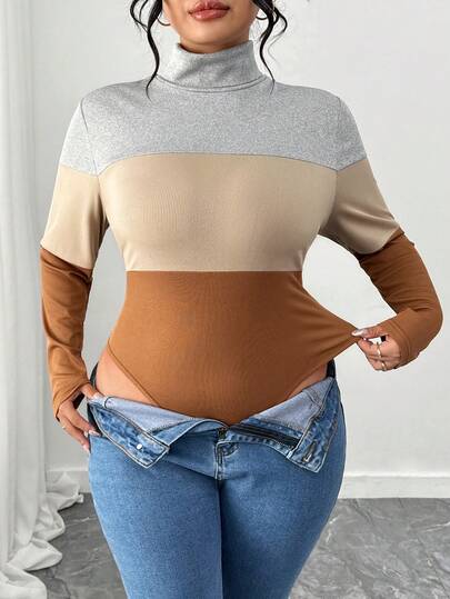 Elenzga Plus Size Women's Autumn/Winter New Colorblock High Neck Patchwork Elegant Fashionable Textured Sexy Bodysuit. Suitable For Daily Commute Paired With High-Waisted Pants, Casual Gatherings, Matching With Skirts, Dates, Dining With Friends, Home And Outdoor Wear.