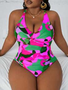 Slaydiva Traje de baño de una pieza con estampado de camuflaje para tallas grandes, ideal para vacaciones en la playa - Multicolor - Ver 1