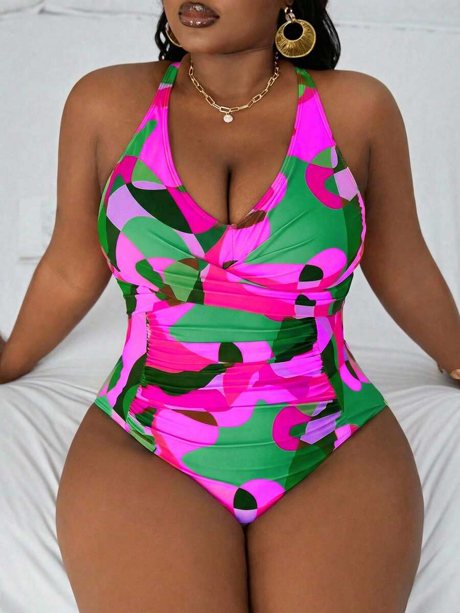 Slaydiva Traje de baño de una pieza con estampado de camuflaje para tallas grandes, ideal para vacaciones en la playa - Multicolor - Ver 1