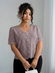 Elenzga 女士优雅波西米亚风V领休闲短袖杏色衬衫，适合夏季外出穿着 - 藕粉色 - 查看 4