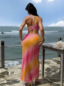 Bonvoyette 3件套女士春夏沙滩装，包含比基尼套装和罩衫，性感网红风，优雅浪漫甜美粉橙渐变色，3D蝴蝶兰花装饰，无肩带泳衣，网纱裙，适合夏季度假、海滩、泳池、日常穿着 - 彩色 - 查看 2