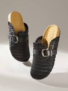 Solecia Woven Half Slippers Women's Summer Flat-Bottomed Breathable Mesh Non-Slip Slippers - Black - View 2