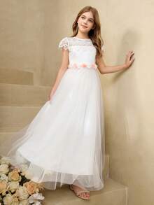 Girls' Elegant Flowing Embroidered Mesh Halter Waist Flared Midi Dress, Suitable For Weddings, Galas, Birthdays, Parties, All Seasons - White - View 3