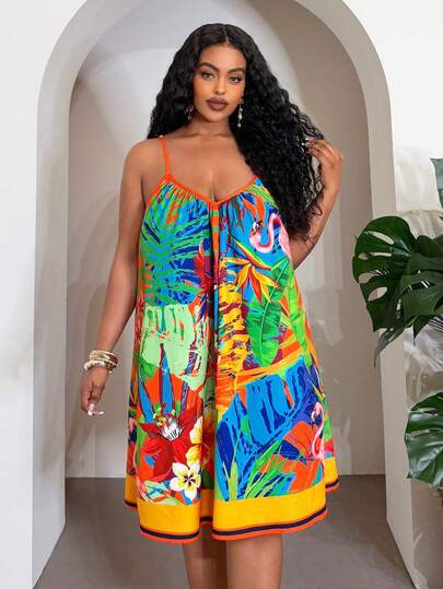 Slaydiva Bộ áo liền quần dáng rộng, họa tiết in, kiểu dáng chữ A, phong cách nghỉ mát, dành cho nữ, không tay, khoét lỗ, cổ chữ V, buộc dây, dáng chữ A rộng rãi.