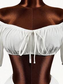 Mistrie Women's Solid Color Off Shoulder Short Petal Sleeve Front Tie Cropped Fashionable Top - White - View 6