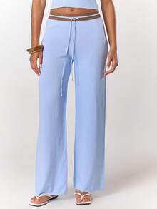 MUSERA Quần ống rộng cạp thấp, chất liệu dệt kim nhẹ, phối màu tương phản, có dây rút, thích hợp cho mùa xuân hè, đi nghỉ mát, thanh lịch, đi biển, dễ thương, sân bay, nhà ven biển, kỳ nghỉ ở sân bay, mùa thu, trở lại trường học, mùa thu đông, mặc hàng ngày, sang trọng, áo len. - Màu xanh lam - Xem 4