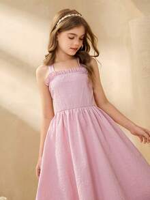 Tween Girl Jacquard Design Frill Trim Elegant Camisole Dress - Pink - View 5