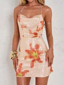 SHEIN Glamour One Shoulder Rhinestone Chain Detail Split Hem Sequin Dress Mini Short Women Outfit Backless Sundress Miami Dress Rose Gold Dress Backless Dress Open Back Dresses Mini Dress Floral Dress - Apricot - View 1