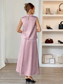 Siren Gaze Women's Pink,Summer,Elegant,Wedding Ninang Mandarin Collar Tank Top And Skirt 2-Piece Set,Mauve Modest Formal Outfits,Ladies Casual 2 Pieces Skirt - Pink - View 3