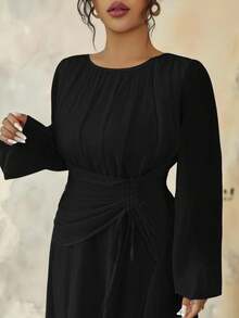 Roveilla 大码女式春夏法式浪漫西西里优雅休闲通勤度假圣诞派对纯棕色圆领褶皱腰抽绳A字弹力腰长袖连衣裙 - 黑色 - 查看 5