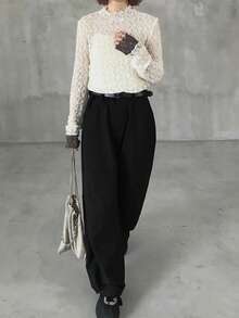 FRIFUL Áo nữ tay dài cổ tròn phối màu tương phản, chất liệu ren xuyên thấu, kiểu dáng thường ngày, đa năng, thích hợp cho mùa thu/đông. - Màu be - Xem 6