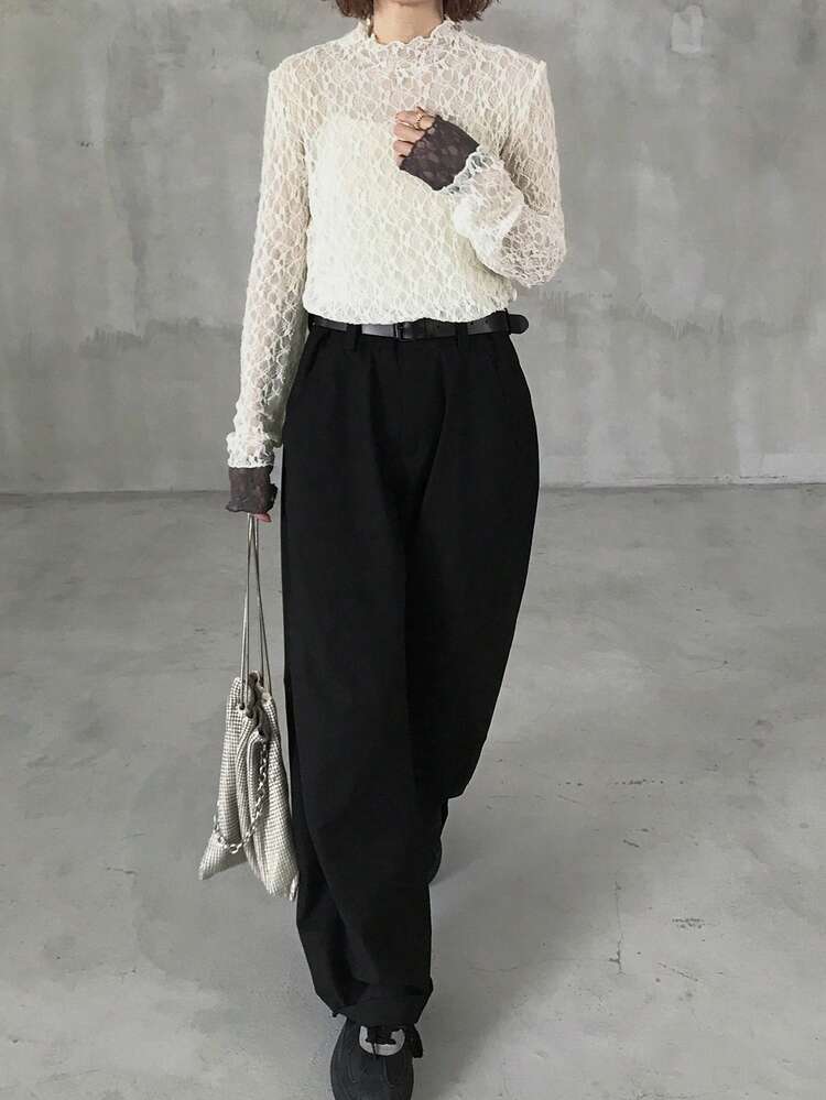 FRIFUL 女士撞色圆领长袖薄纱蕾丝叠层休闲百搭上衣，秋冬款 - 杏色 - 查看 6