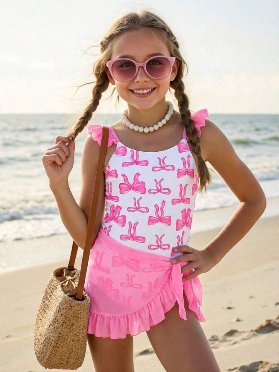 SHEIN Tween Girl 2pcs Knitted Swimwear Set, Cute Bow Print, Shoulder Strap Design, Ruffle Hem, Suitable For Swimming, Vacation, Beach Wear, Children Swimwear Set, Summer Holiday, Pink Bodysuit Swimwear - Pink - View 1
