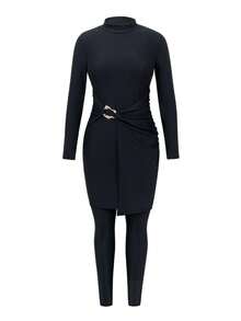 Swim Mulvari Women's New Black 2-Piece Swimwear Set With Belt, Long Sleeve High Neck Midi Dress And Slim Fit Pants, Conservative Modest Burkini For Spring/Summer Vacation - Black - View 6