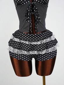 SaltGleam SaltGleam Bộ đồ 2 món gợi cảm cho kỳ nghỉ: áo và chân váy ren chấm bi phối ren. - Đen và trắng - Xem 3