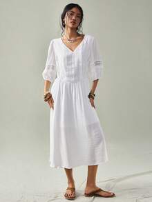 SoleilVie 波西米亚风女士中长连衣裙，纯色梭织面料搭配蕾丝拼接，深V领，对称蕾丝饰边，泡泡长袖配弹性袖口，可调节弹性腰身。适合波西米亚风、休闲、度假和日常穿着。 - 白色 - 查看 1