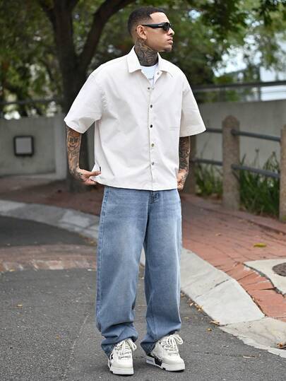 Devon Thys 男士都市时尚宽松短袖翻领宽松衬衫，带英文字母图案，适合日常休闲穿着、朋友