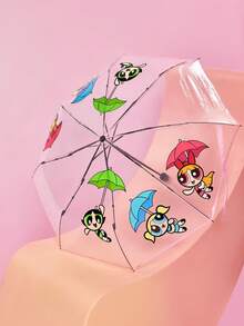 THE POWERPUFF GIRLS X SHEIN 1把卡通印花透明折叠伞，适合学校、工作、户外和日常使用，专为大学生、高中生以及男女设计，图案包括爱、友谊、花朵、泡泡和毛毛虫。 - 無色 - 查看 5