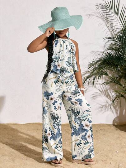 Travachic KIDS Tween Girls' Floral Print Camisole And Elastic Waist Pants Set, Casual Vacation Outfit Girls Vacation Outfit Girls Wide Leg Pan And Camisole Set