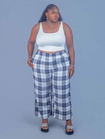 CurvyTilda 大码女式格子裤，黑白格子松紧腰口袋阔腿休闲宽松裤，女式冬装
