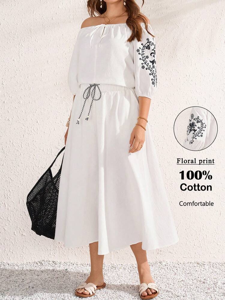 2pc Set Plus Size Women's Summer Casual Vacation Country  Solid Color White  Floral Print Off-Shoulder  Blouse Top Shirt And Front Slit Skirt 2 Piece Set With Pockets,Spring/Summer,Summer\Vacation,Summer Holiday,Spring Break Outfits ,Vacation Outfits Women ,Holiday Outfits For Women,Going Out Outfits,2026 New Clothes,Simple And Fashionable For Everyday Wear,Suitable For Summer, Vacation, Daily Wear,Suitable For Summer, Vacation, Daily Wear,Country Concert Outfit ,Comfortable And Breathable,Summer Skirt Sets, Summer Outfit Set For Women, Skirts Sets