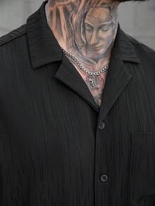 SLATEMANN 男士黑色夏季休閒城市度假風優雅條紋提花短袖單口袋襯衫與抽繩鬆緊腰長褲套裝，適合派對、辦公室、正式場合 - 黑色 - 查看 7
