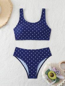 SHEIN 少女海军蓝白波点比基尼套装，夏季海滩度假 - 寶藍色 - 查看 6